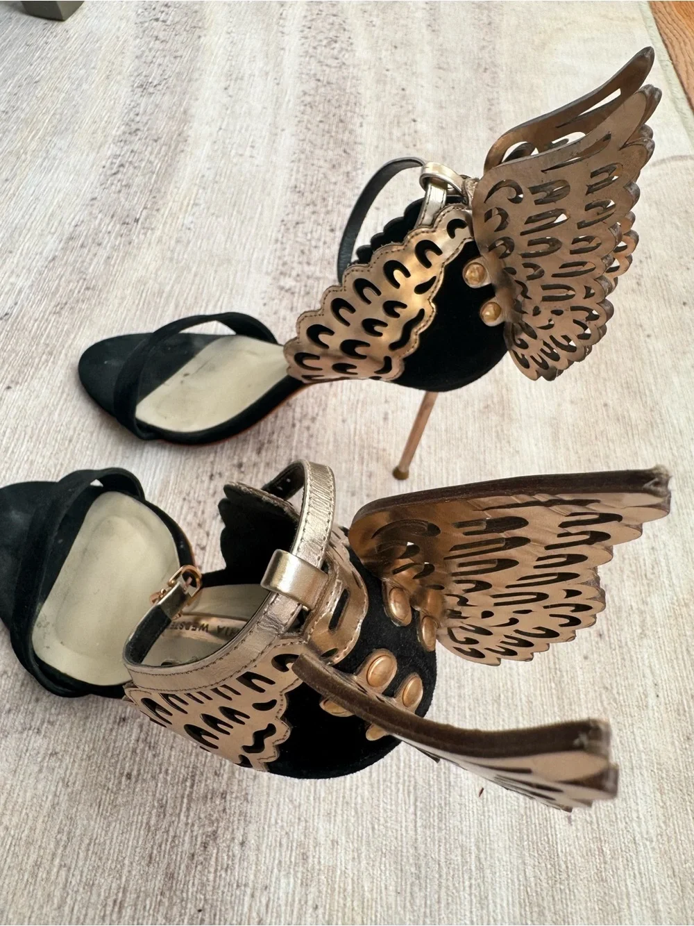 Sophia Webster Black and Rose Gold Wing-Embellished Stiletto Sandals
